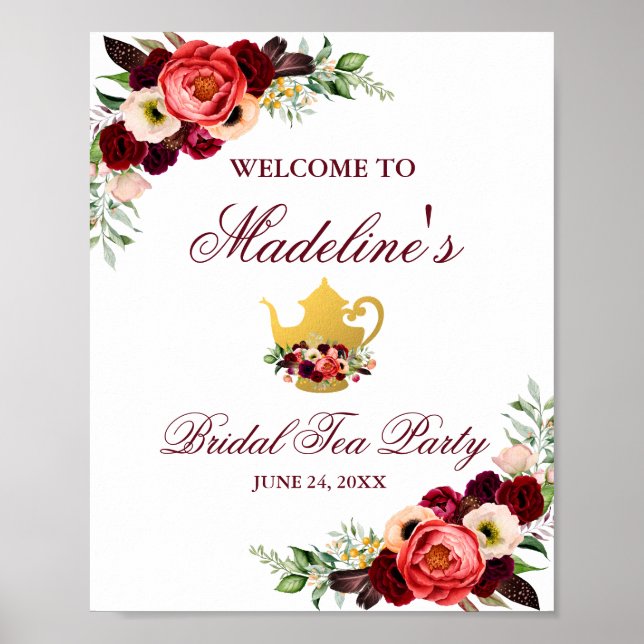 Poster Burgundy Floral Boho Bridal Tea Party Bienvenue (Devant)