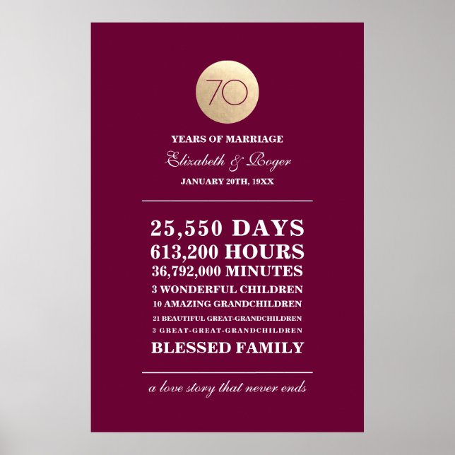 Poster Burgundy Gold 70th Mariage Anniversary Prints (Devant)