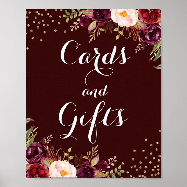 Poster Burgundy Gold Floral Cartes Et Cadeaux Mariage (Devant)