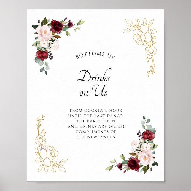Poster Burgundy Gold Open Bar Boissons sur US Mariage Sig (Devant)