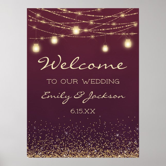 Poster Burgundy Gold String Lights Mariage Bienvenue (Devant)