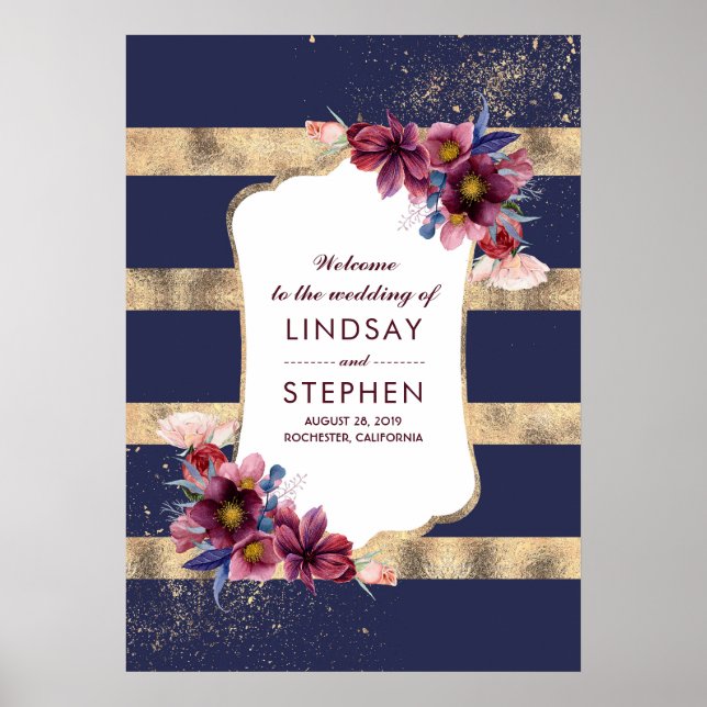 Poster Burgundy Marine et Gold Floral Mariage Bienvenue (Devant)