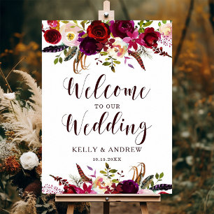 Poster Burgundy Marsala Aquarelle Floral Mariage d'accuei