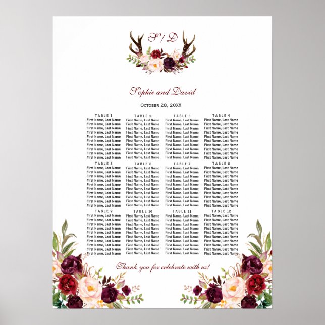Poster Burgundy Marsala Floral Antlers (Devant)