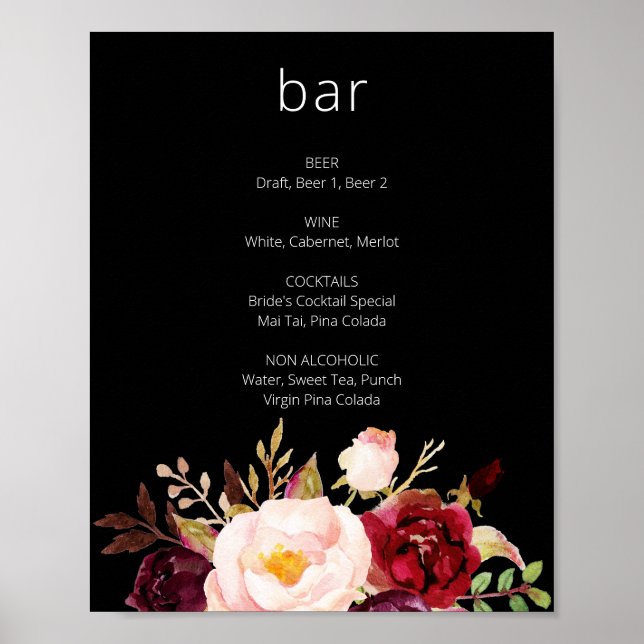 Poster Burgundy Marsala Floral Bar Signal Noir (Devant)