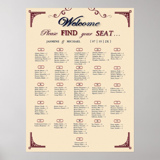 Poster Burgundy Navy and Ivory Chic Wedding Seating Chart (Devant)