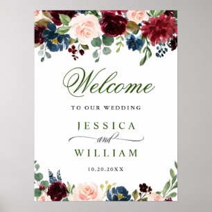 Poster Burgundy Navy Blush Fleurs Mariage Bienvenue