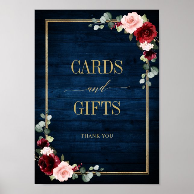 Poster Burgundy Navy Blush Floral Cartes et Cadeaux Po (Devant)