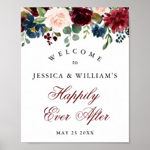 Poster Burgundy Navy Blush Floral Mariage Bienvenue