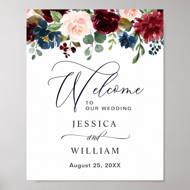 Poster Burgundy Navy Blush Floral Mariage Bienvenue (Devant)