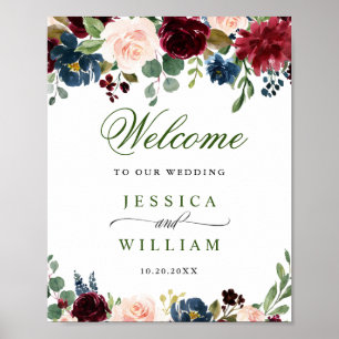 Poster Burgundy Navy Blush Floral Mariage Bienvenue