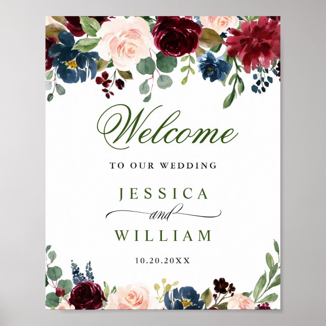 Poster Burgundy Navy Blush Floral Mariage Bienvenue (Devant)