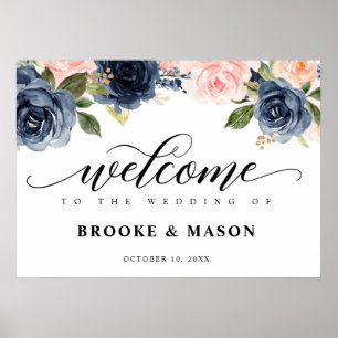 Poster Burgundy Navy Blush Floral Rustic Mariage Bienvenu