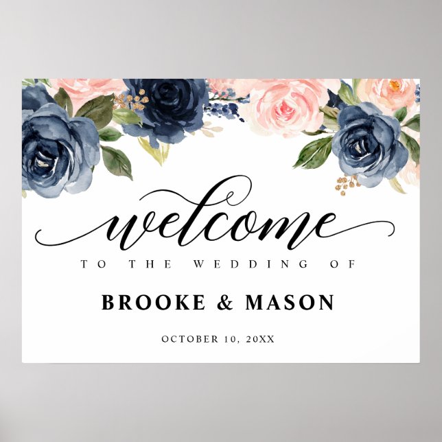 Poster Burgundy Navy Blush Floral Rustic Mariage Bienvenu (Devant)