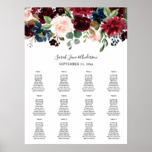 Poster Burgundy, Navy Blush Rose Floral Seating Chart -12