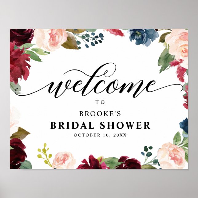 Poster Burgundy Navy Floral Boho Brive bienvenue (Devant)