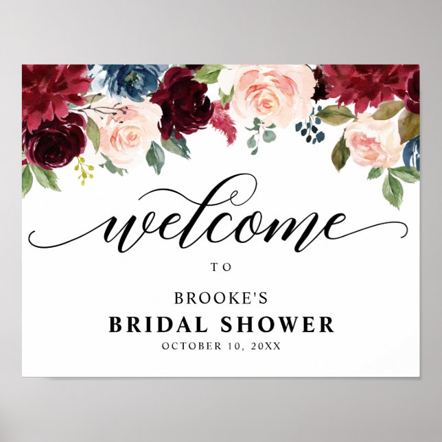 Poster Burgundy Navy Floral Boho Brive bienvenue (Devant)