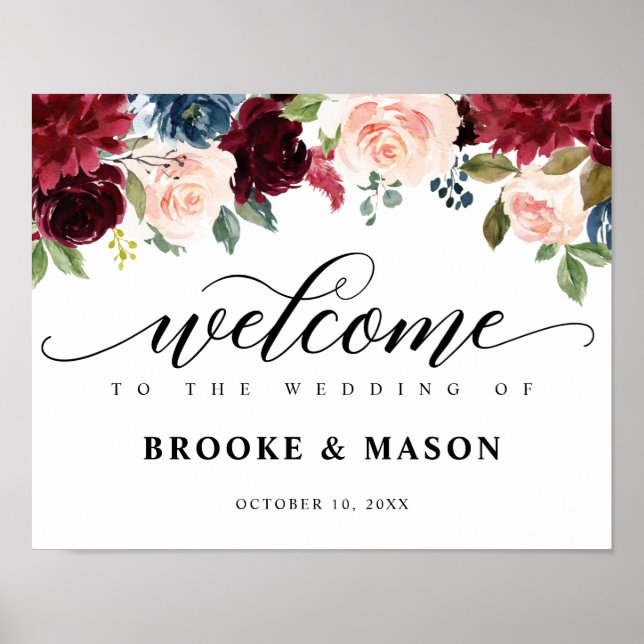 Poster Burgundy Navy Floral Rustic Boho Mariage Bienvenue (Devant)