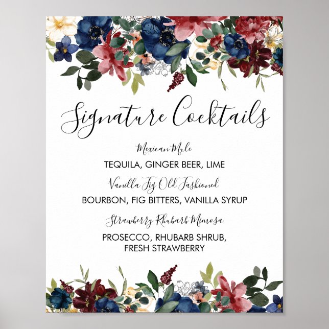 Poster Burgundy Navy Signature Cocktail Menu Signe (Devant)
