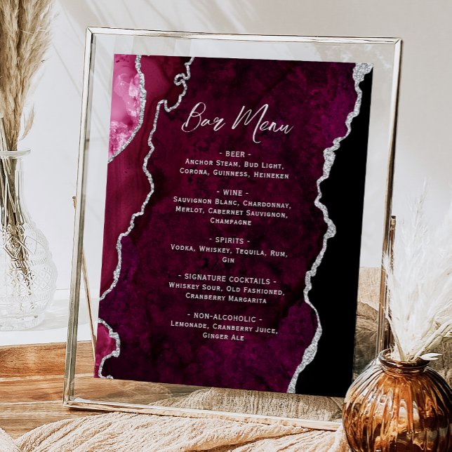 Poster Burgundy Red Silver Agate Script Wedding Bar Menu  (Créateur téléchargé)