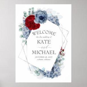 Poster Burgundy Rouge et Dusty Blue Floral Mariage Bienve