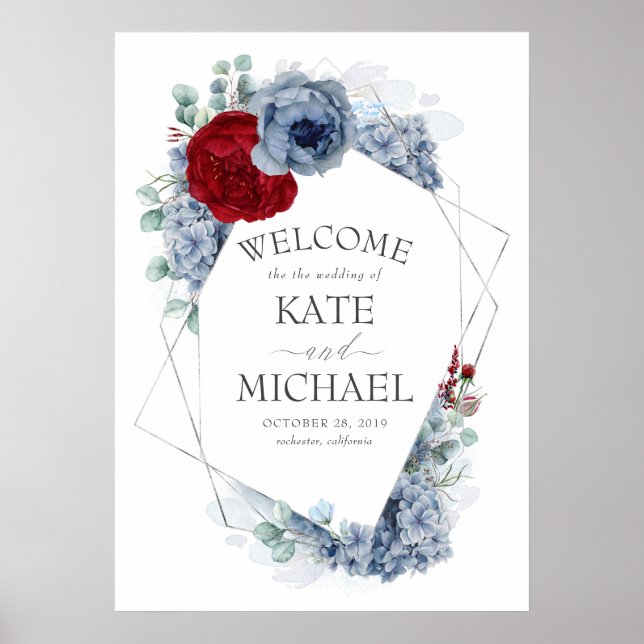 Poster Burgundy Rouge et Dusty Blue Floral Mariage Bienve (Devant)