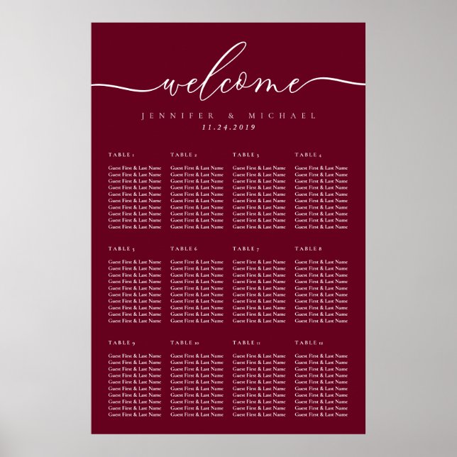 Poster Burgundy Script Bienvenue Mariage Table assise (Devant)