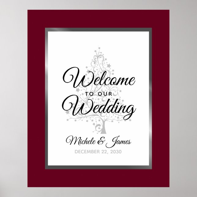 Poster Burgundy Silver Winter Holiday Mariage Bienvenue (Devant)