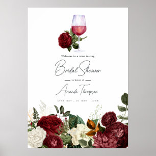 Poster Burgundy & White Floral Wine Tasting Bridal Shower