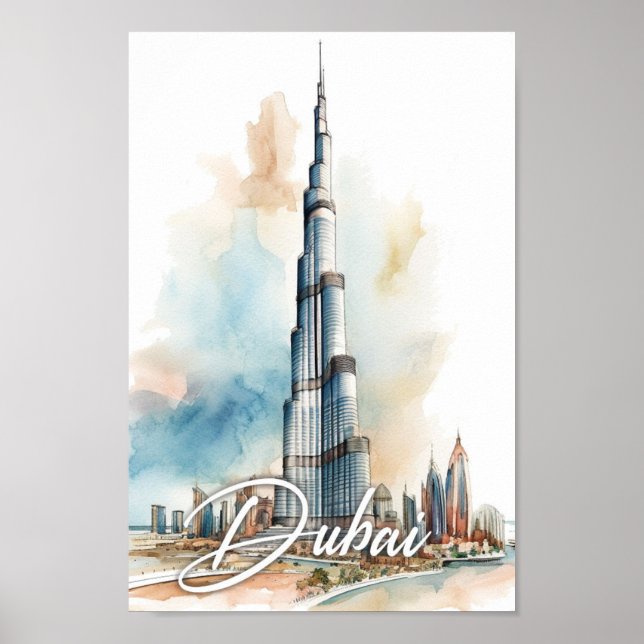 Poster Burj Khalifa Dubai Aquarelle Peinture Voyage (Devant)