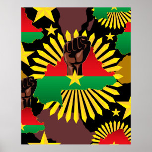 Poster Burkina Faso Carte, drapeau et première révolution