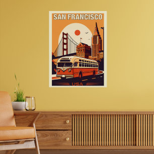 Poster Bus vintage San Francisco City sur route, Californ