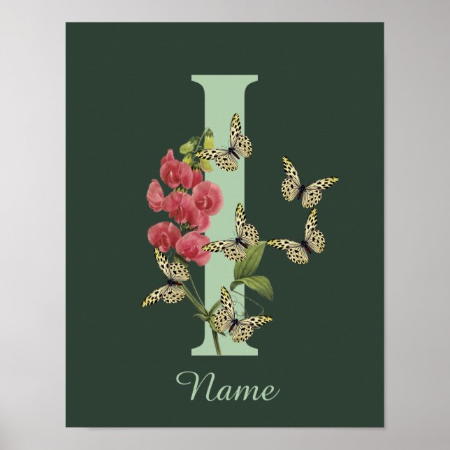 Poster Butterflies Flower Monogram Initial I Personalized (Devant)