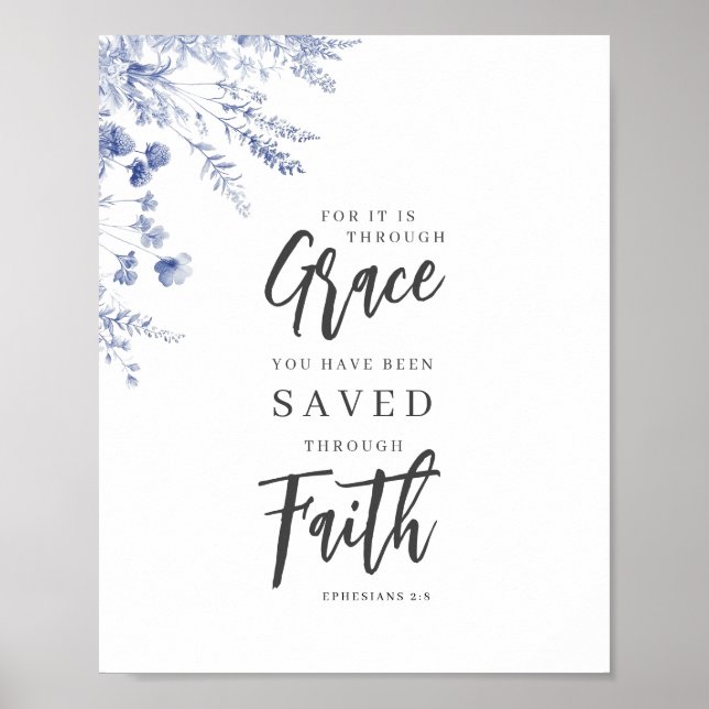 Poster By Grace, Through Faith Ephesians 2:8 Blue Floral (Devant)