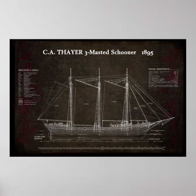Poster C.A. THAYER 3-Mastered Schooner Blueprint 1895 (Devant)