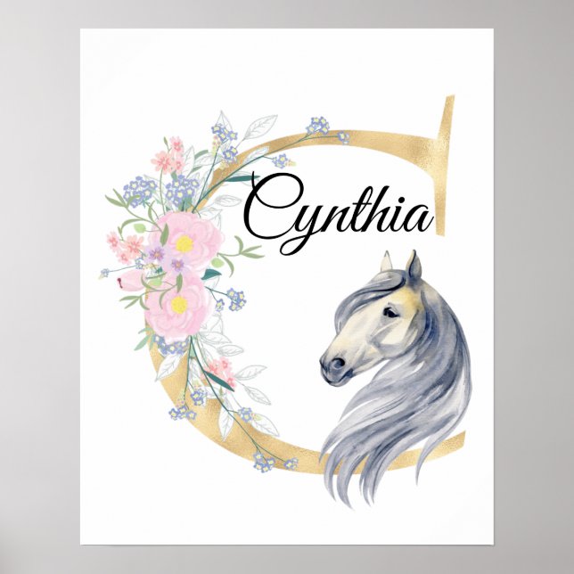 Poster C lettre nom personnalisé monogramme avec cheval (Devant)