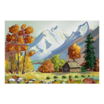 Cabane en montagne couleurs d'automne. peinture.