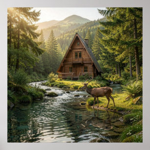 Poster Cabane en rondins, ruisseau, montagnes et cerfs Ar