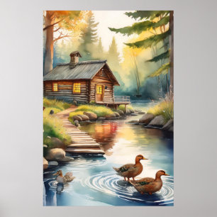 Poster Cabane en rondins sur la rivière 1