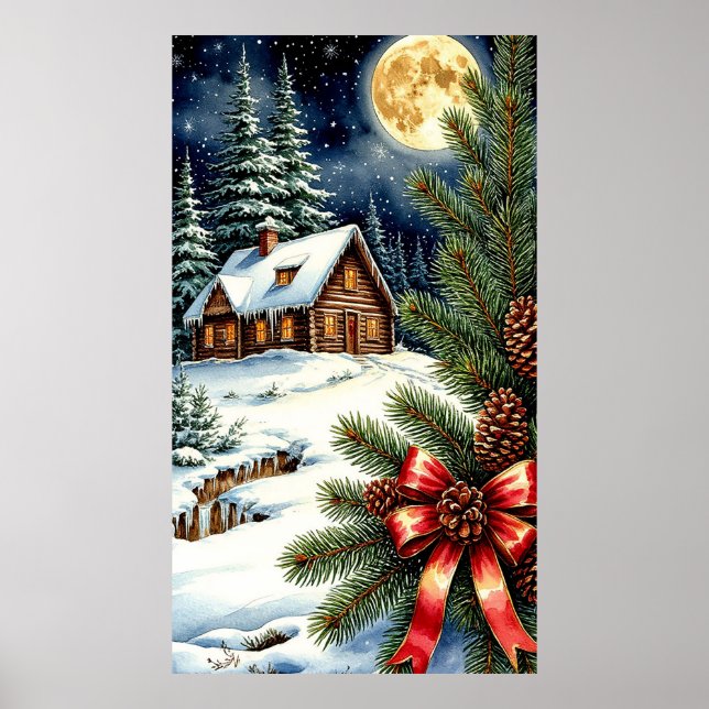 Poster Cabane enneigée au clair de lune dans une forêt d' (Devant)