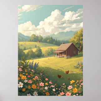 Poster Cabane rustique de campagne avec des fleurs sauvag