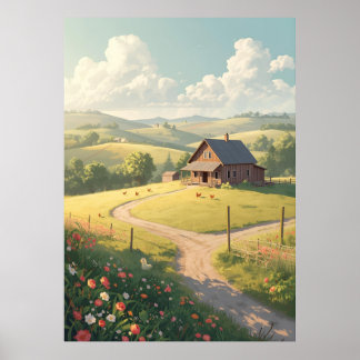 Poster Cabane rustique de campagne avec fleurs sauvages