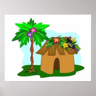Poster Cabane tropicale, palmier et Toucan