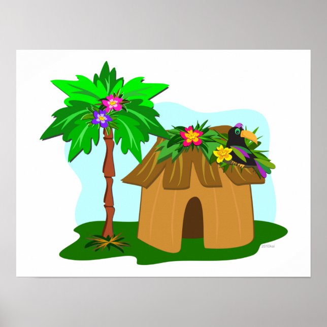 Poster Cabane tropicale, palmier et Toucan (Devant)