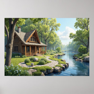 Poster Cabine à côté de la rivière dans les bois