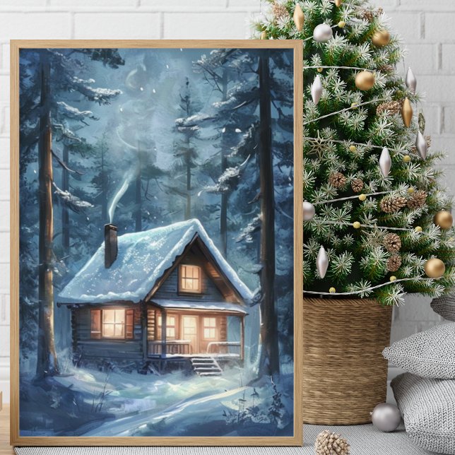 Poster Cabine confortable niché dans la forêt de neige (Créateur téléchargé)