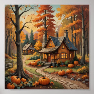 Poster Cabine d'automne Entouré de Citrouilles