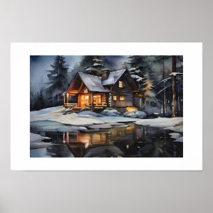 Poster Cabine d'hiver cosy de nuit