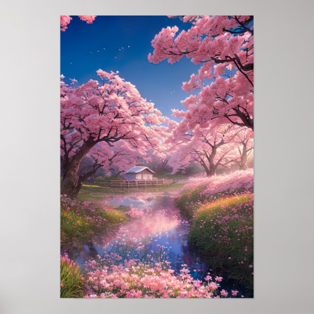 Poster Cabine Enchantante au milieu des Sakura Trees (Devant)