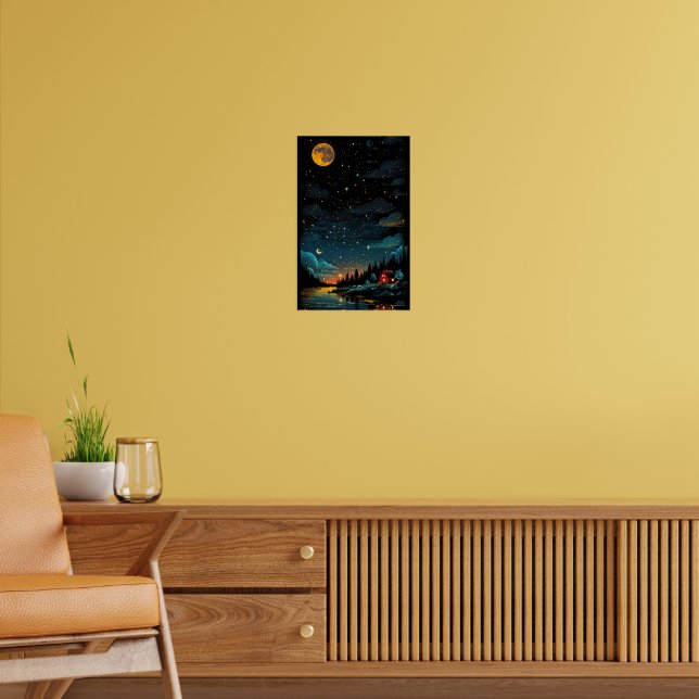 Poster Cabine illuminé par la lune près du lac - Starry N (Salon 2)